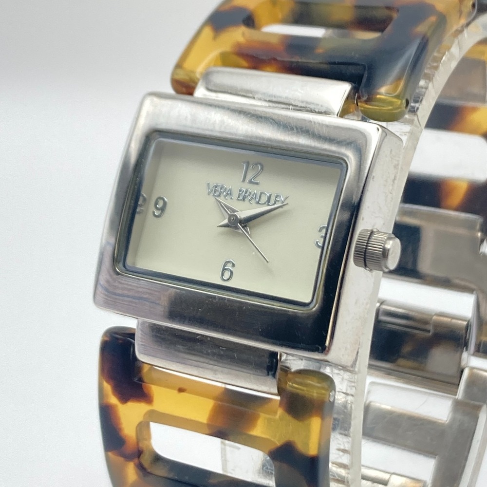 Vera Bradley Women's Watch Faux Tortoise Silver Tone Rectangle New Battery 6.75"